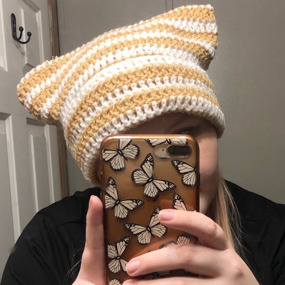 Tan and White Crochet Cat Ear Beanie - Picture 2 of 4